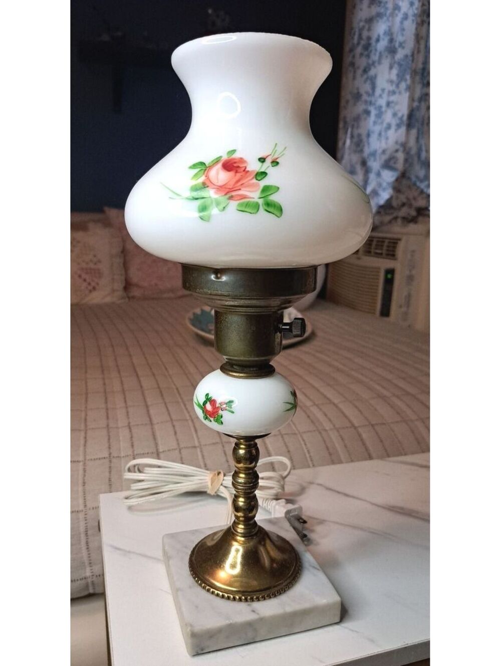 Vintage Hand-Painted Rose Milk Glass Brass & Marble Hurricane Table Lamp 13.5"